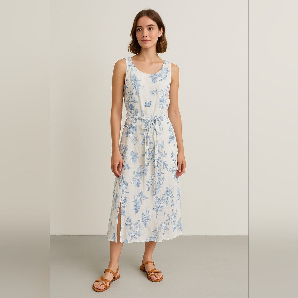 Gorgeous Floral Blue and White Sleeveless Linen Dress